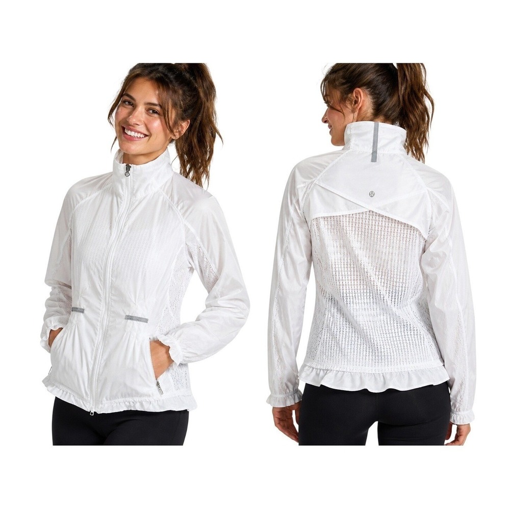 Lululemon Windbreaker Nothin' To Hide Jacket 6 White Mesh Back Ruffle Peplum Zip